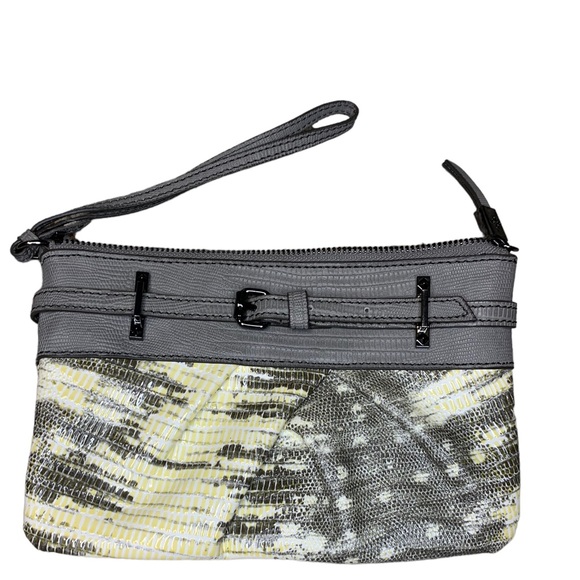 Vera Wang Ivory Grey Yellow Faux Snake Skin Clutch Wristlet - Picture 3 of 4